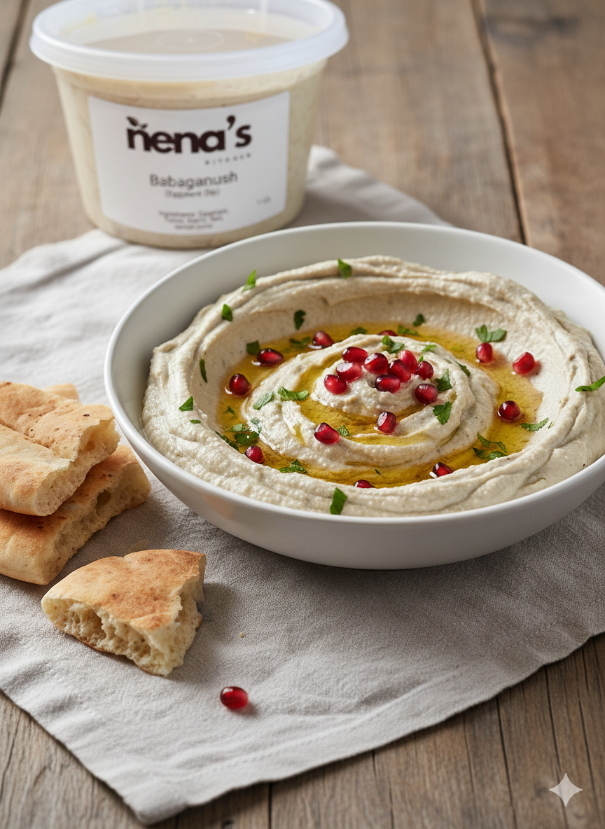 Bowl of creamy Nena’s Kitchen organic Babaganush topped with olive oil, parsley, and pomegranate, served with pita bread on a rustic wooden table.