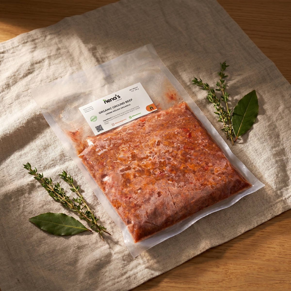 Organic Ground Beef by Nena's Kitchen — premium catalog editorial shot on linen and oak