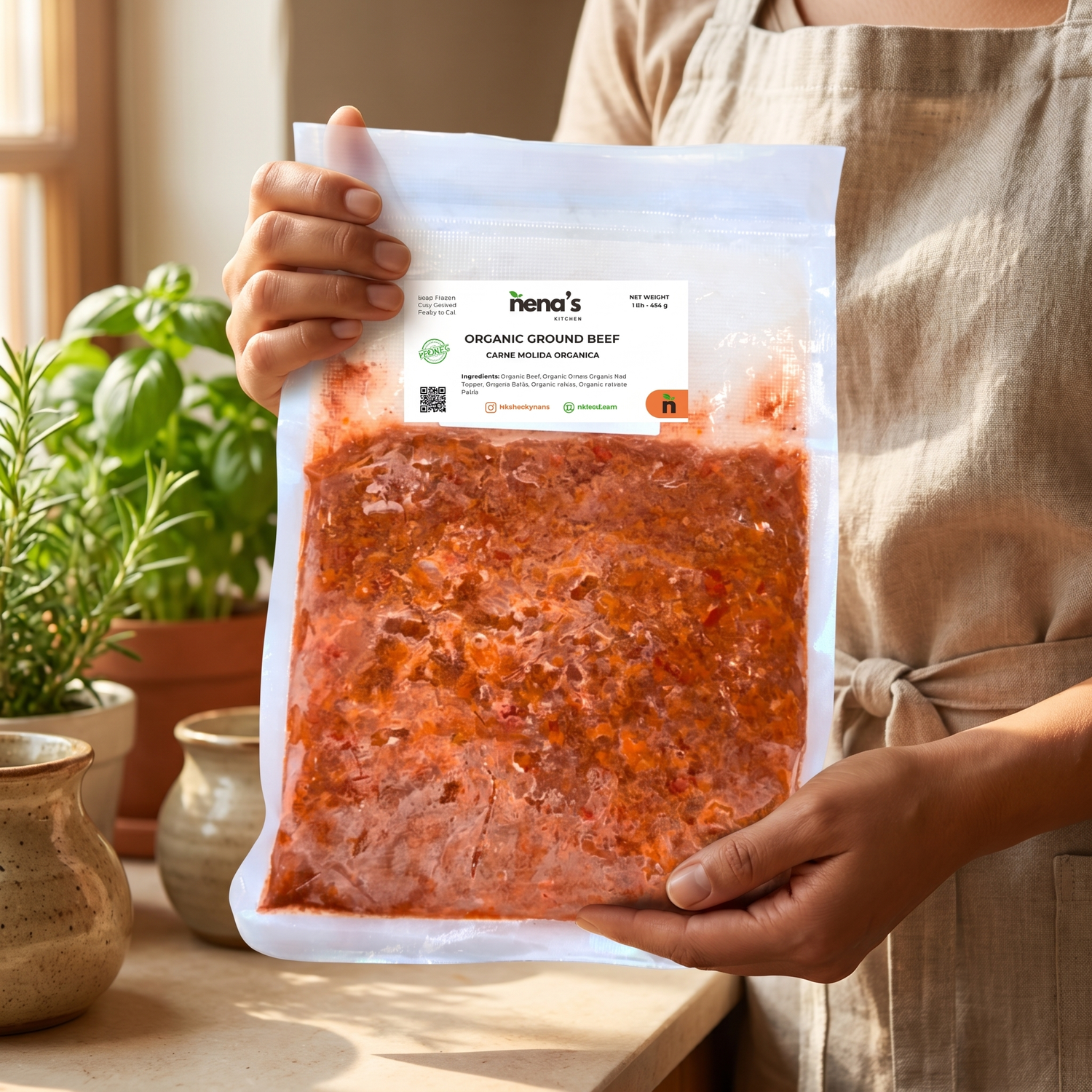 Organic Ground Beef held by Nena's Kitchen founder — casero Venezuelan homemade