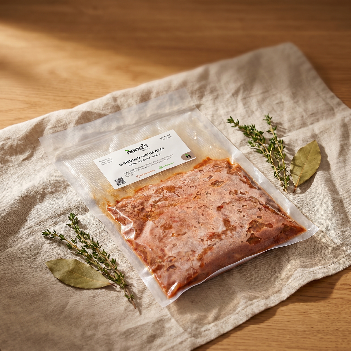 Shredded Angus Beef by Nena's Kitchen — premium catalog editorial shot on linen and oak