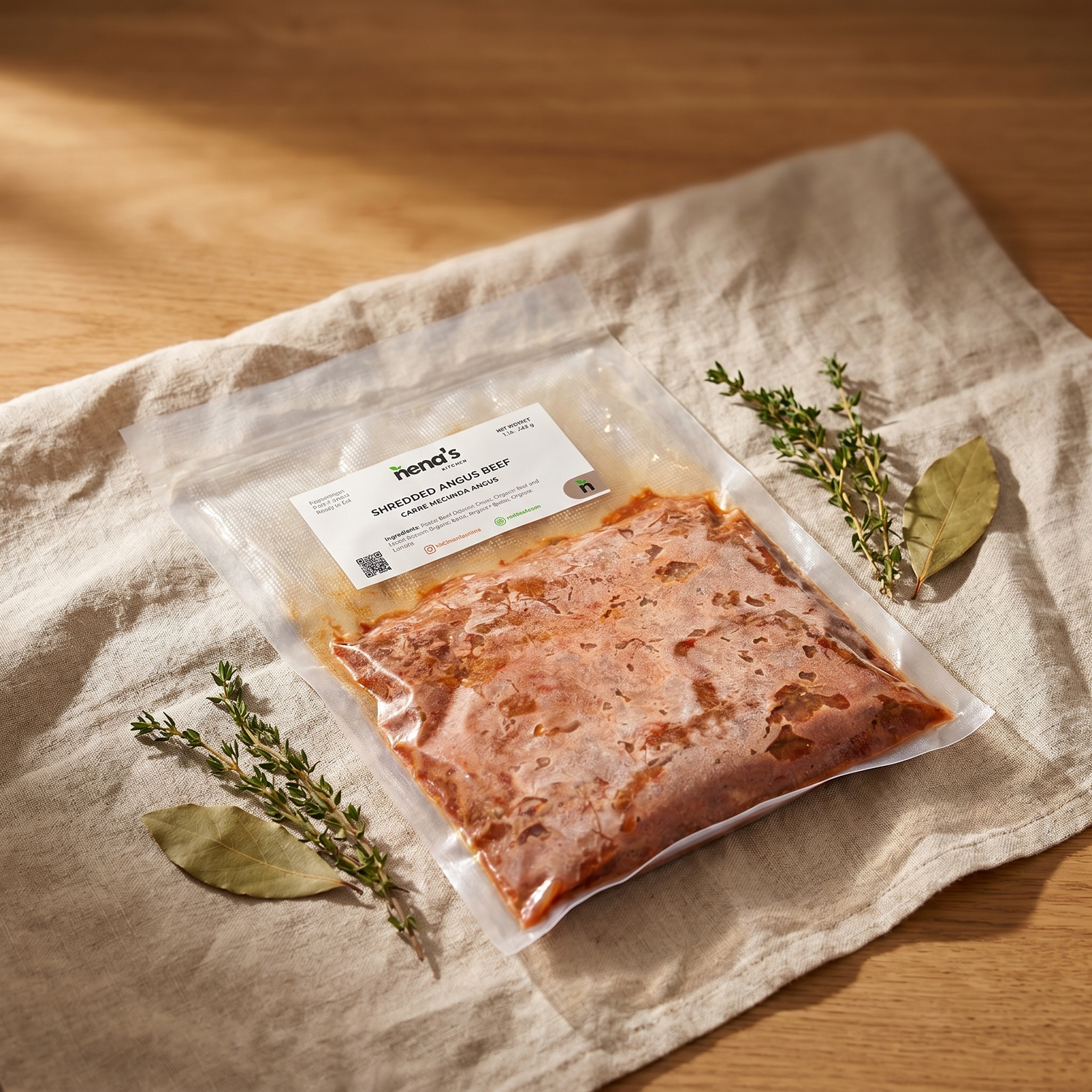 Shredded Angus Beef by Nena's Kitchen — premium catalog editorial shot on linen and oak
