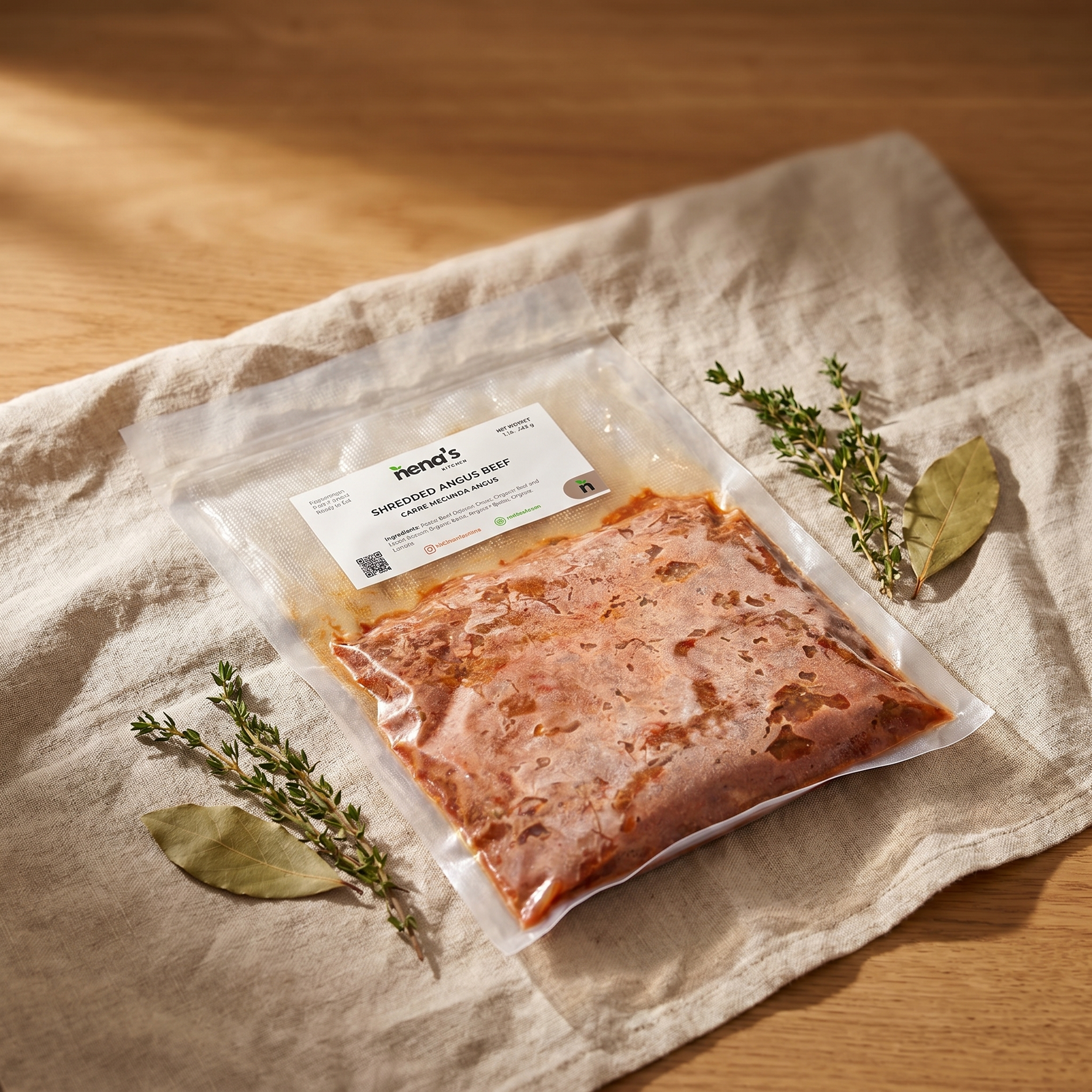 Shredded Angus Beef by Nena's Kitchen — premium catalog editorial shot on linen and oak
