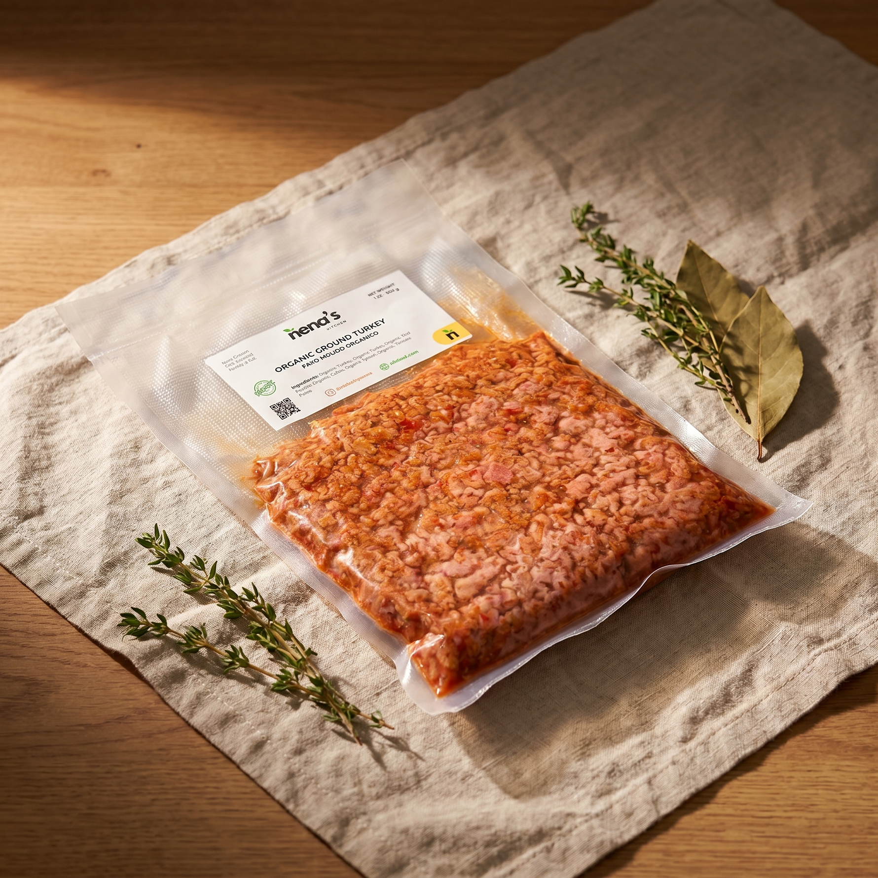 Organic Ground Turkey by Nena's Kitchen — premium catalog editorial shot on linen and oak