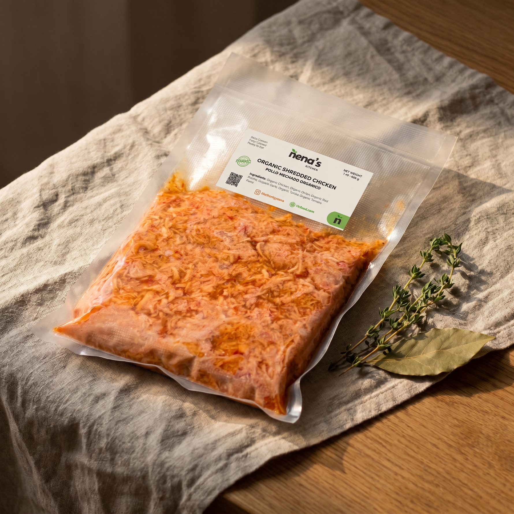 Organic Shredded Chicken by Nena's Kitchen — premium catalog editorial shot on linen and oak
