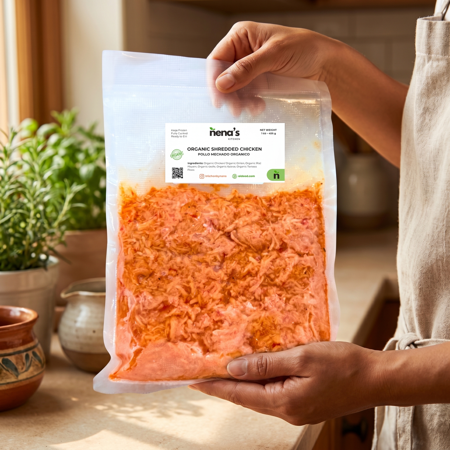 Organic Shredded Chicken held by Nena's Kitchen founder — casero Venezuelan homemade