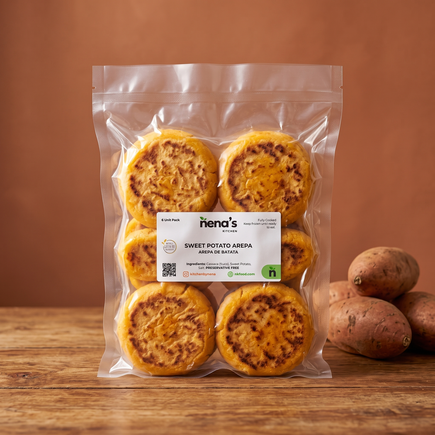 Sweet Potato Arepas by Nena's Kitchen — 6 unit pack, vacuum-sealed, made with cassava, sweet potato and salt