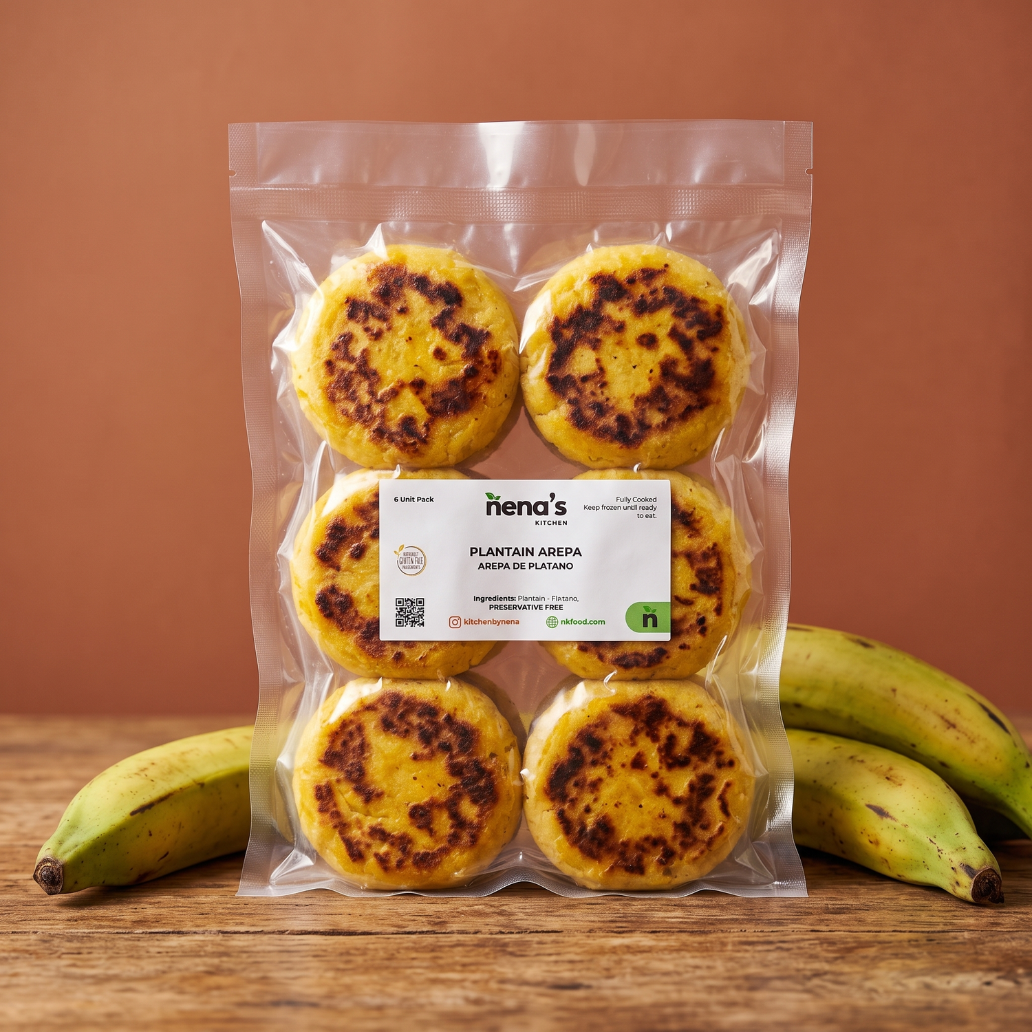 Plantain Arepas by Nena's Kitchen — 6 unit pack, vacuum-sealed, made from a single ingredient: plantain